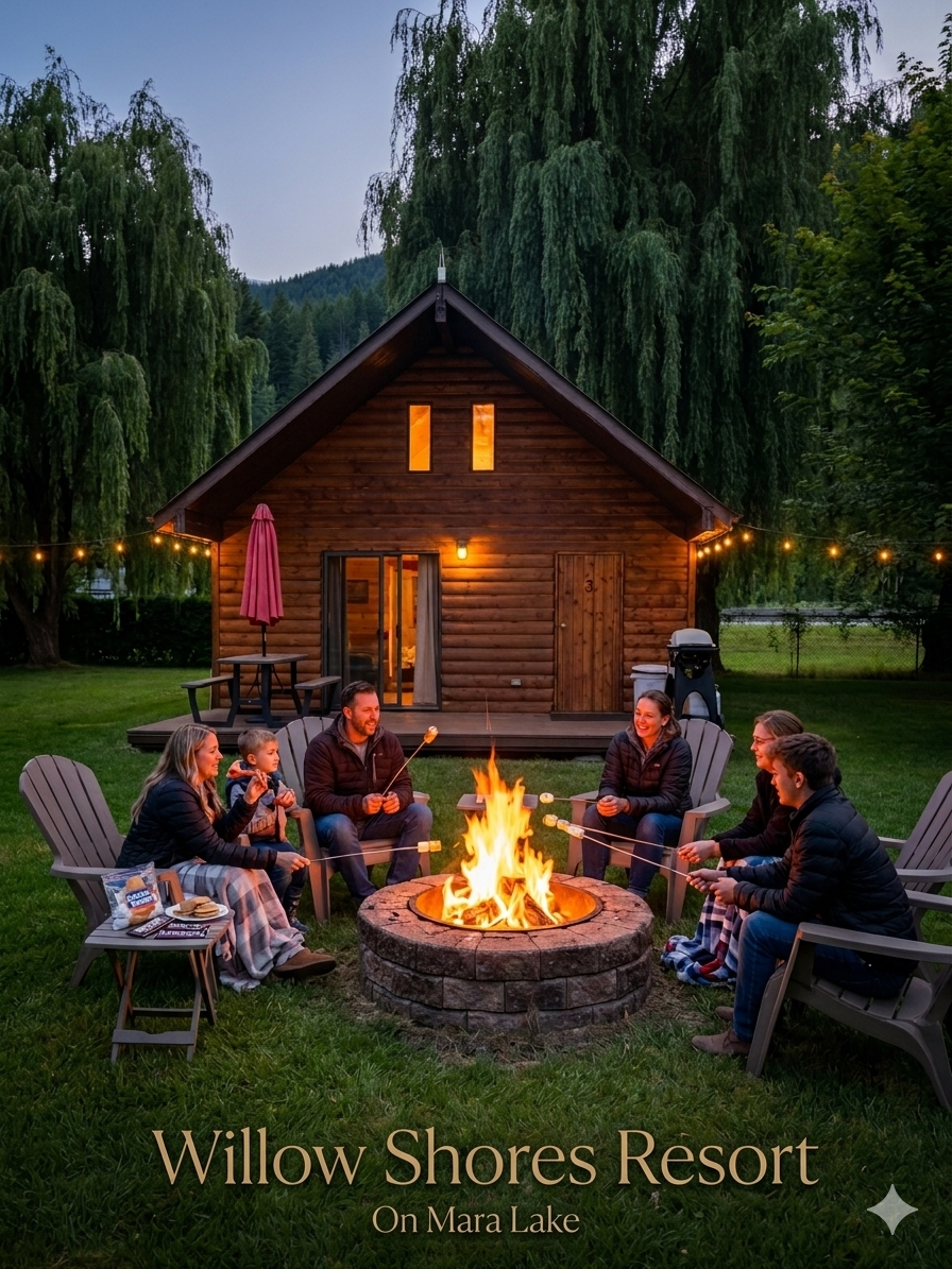 Family and friends gathered around a campfire outside a lakeside cabin at Willow Shores Resort